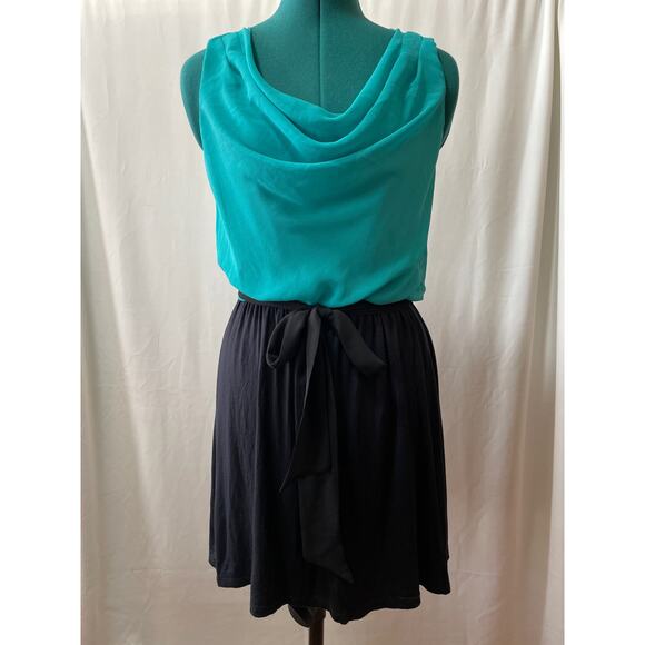 Express Teal Black Cowl Neck Color Block Tie Front Sleeveless Draped Dress S - Picture 1 of 3